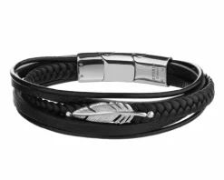 Bransoletka ze stali szlachetnej i skóry - piórko