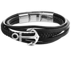 Bransoletka ze stali szlachetnej i skóry - kotwica