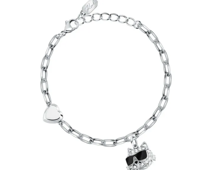 Bransoletka ze stali szlachetnej z cyrkoniami i emalią - kot, serce, Karl Lagerfeld