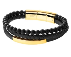 Bransoletka ze stali szlachetnej i skóry z onyksami