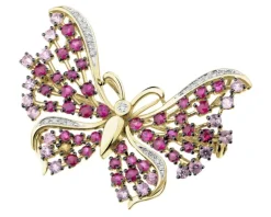 Broszka - zawieszka z żółtego złota z diamentami i kamieniami szlachetnymi - motyl - próba 585