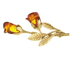 Broszka srebrna z bursztynem - róże