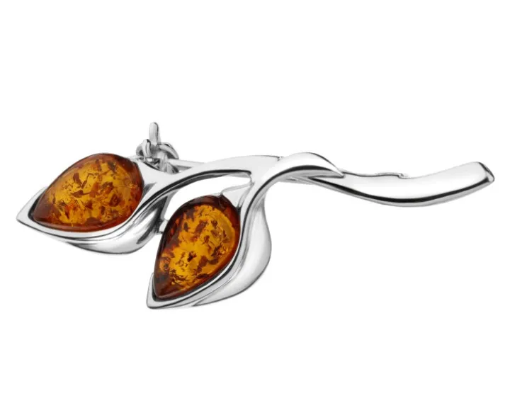 Broszka srebrna z bursztynem - liście