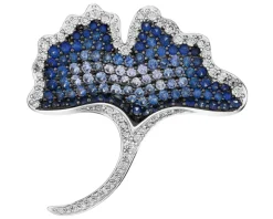 Broszka z białego złota z brylantami i szafirami cejlońskimi - miłorząb - próba 750