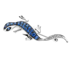 Broszka z białego złota z brylantami i szafirami cejlońskimi - jaszczurka - próba 585