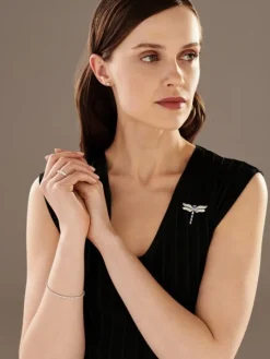 Broszka z białego złota z brylantami i szafirami cejlońskimi - ważka - próba 750