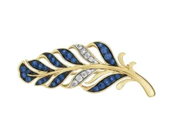 Broszka z żółtego złota z brylantami i szafirami cejlońskimi - piórko - próba 585