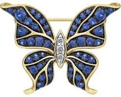 Broszka z żółtego złota z brylantami i szafirami cejlońskimi - motyl - próba 585