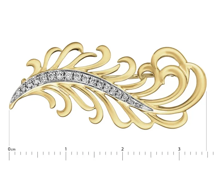 Broszka z żółtego złota z brylantami - piórko - 0,10 ct - próba 585