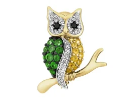 Broszka z żółtego złota z brylantami, kamieniami szlachetnymi i ozdobnymi - sowa - próba 585