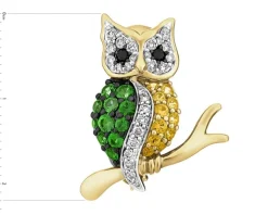 Broszka z żółtego złota z brylantami, kamieniami szlachetnymi i ozdobnymi - sowa - próba 585