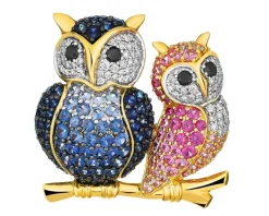 Broszka z żółtego złota z brylantami i szafirami kolorowymi - sowy - próba 750