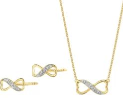 Kolczyki i naszyjnik z żółtego złota z diamentami - komplet -  nieskończoność - 0,03 ct - próba 375