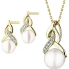 Kolczyki i zawieszka z żółtego złota z brylantami i perłami - komplet - próba 375