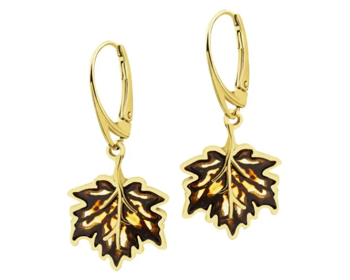 Kolczyki srebrne z bursztynem - liście