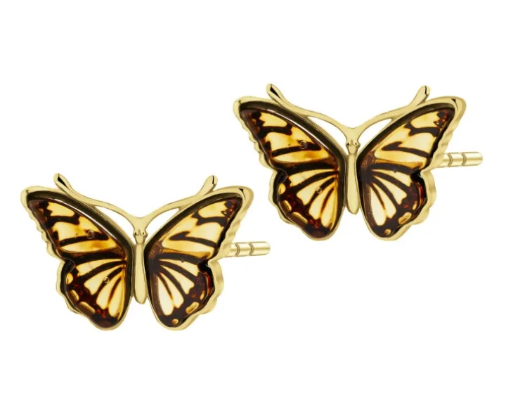 Kolczyki srebrne z bursztynem - motyle