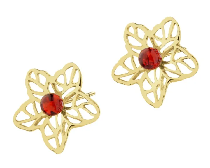 Kolczyki srebrne z bursztynem - kwiaty