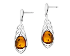 Kolczyki srebrne z bursztynem - piórka