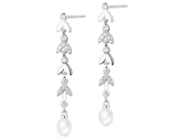 Kolczyki srebrne z cyrkoniami i perłami - liście