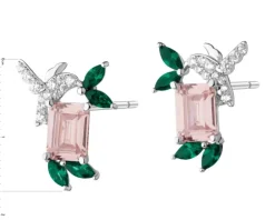 Kolczyki srebrne z cyrkoniami - liście, kolibry
