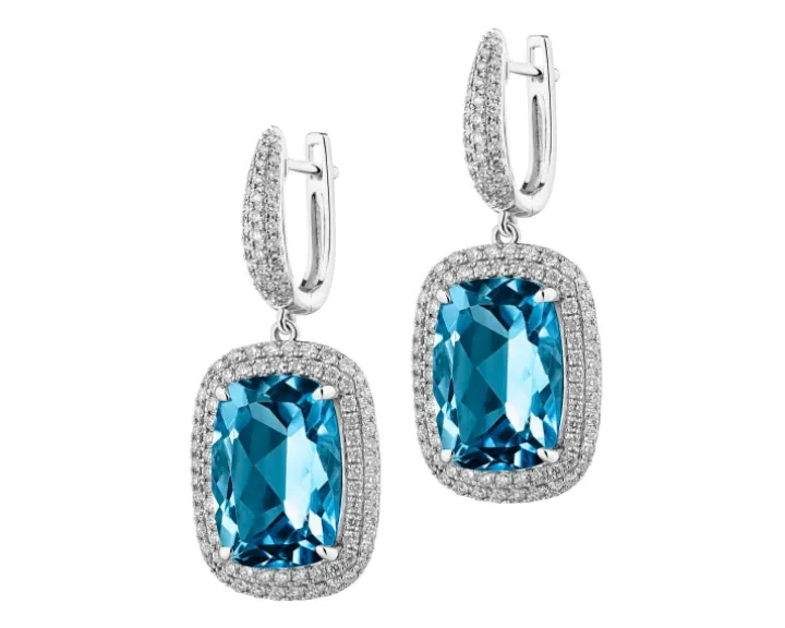 Kolczyki z białego złota z brylantami i topazami London Blue - próba 585