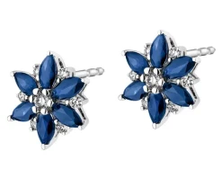 Kolczyki z białego złota z brylantami i szafirami - kwiaty - próba 585