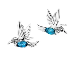 Kolczyki z białego złota z diamentami i topazami London Blue – kolibry - próba 375