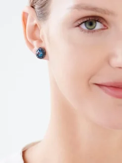 Kolczyki z białego złota z czarnymi diamentami, topazami London Blue i szafirami - próba 585