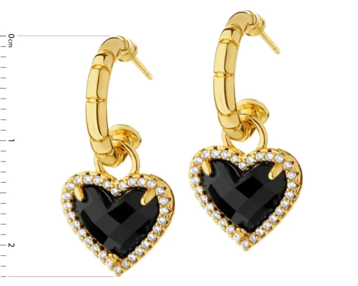 Kolczyki z mosiądzu pozłacane z cyrkoniami i szklanymi detalami - serce