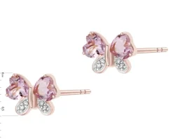 Kolczyki z różowego złota z diamentami i ametystami - motyle - próba 375