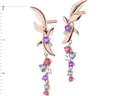 Kolczyki z różowego złota z diamentami, kamieniami szlachetnymi i ozdobnymi - liście - próba 375