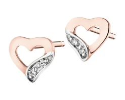 Kolczyki z różowego złota z diamentami - serca - 0,008 ct - próba 375