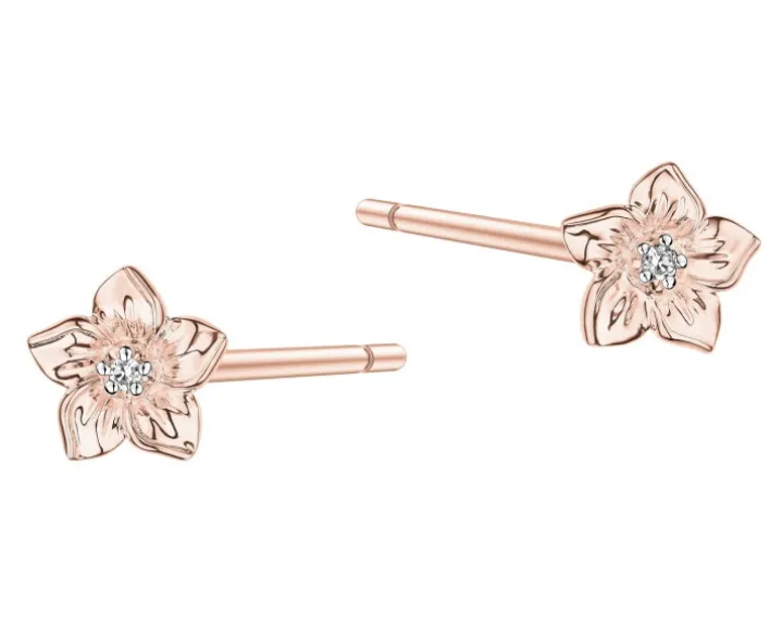 Kolczyki z różowego złota z diamentami - kwiaty - 0,008 ct - próba 585