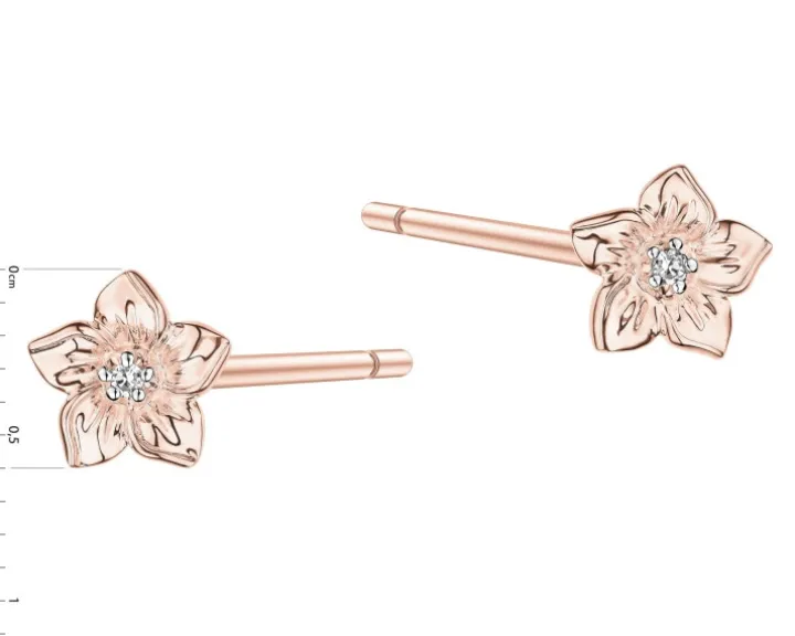 Kolczyki z różowego złota z diamentami - kwiaty - 0,008 ct - próba 585