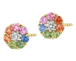 Kolczyki z żółtego złota z brylantami i szafirami kolorowymi - kwiaty - próba 585