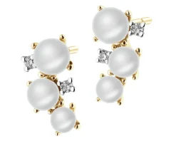 Kolczyki z żółtego złota z brylantami i perłami - próba 585