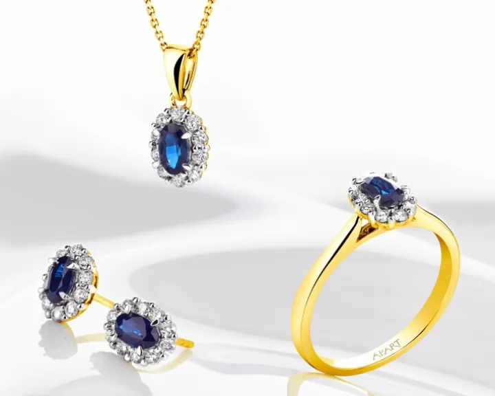 Kolczyki z żółtego złota z brylantami i szafirami - próba 585