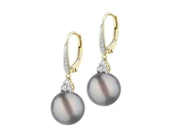 Kolczyki z żółtego złota z brylantami i perłami Tahiti - próba 585