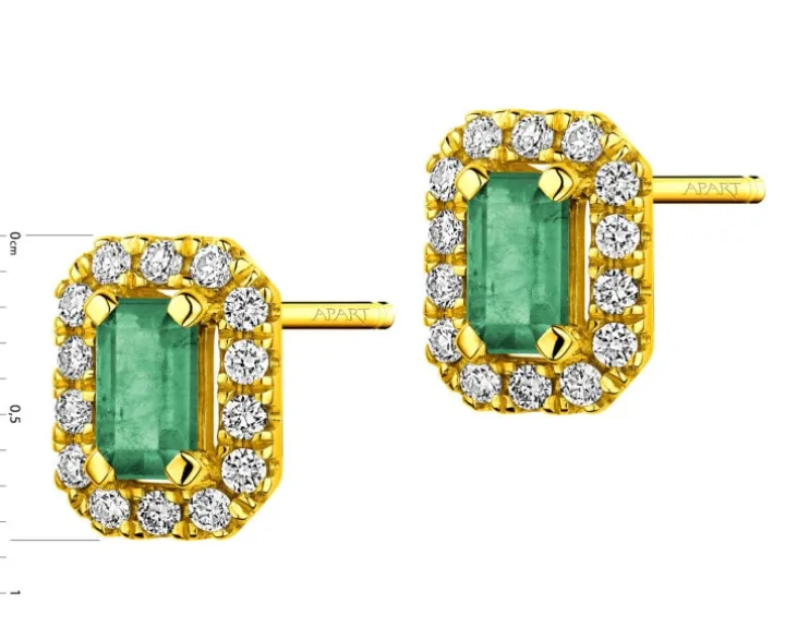 Kolczyki z żółtego złota z brylantami i szmaragdami - próba 585