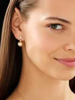 Kolczyki z żółtego złota z brylantami i perłami Golden South Sea - próba 750