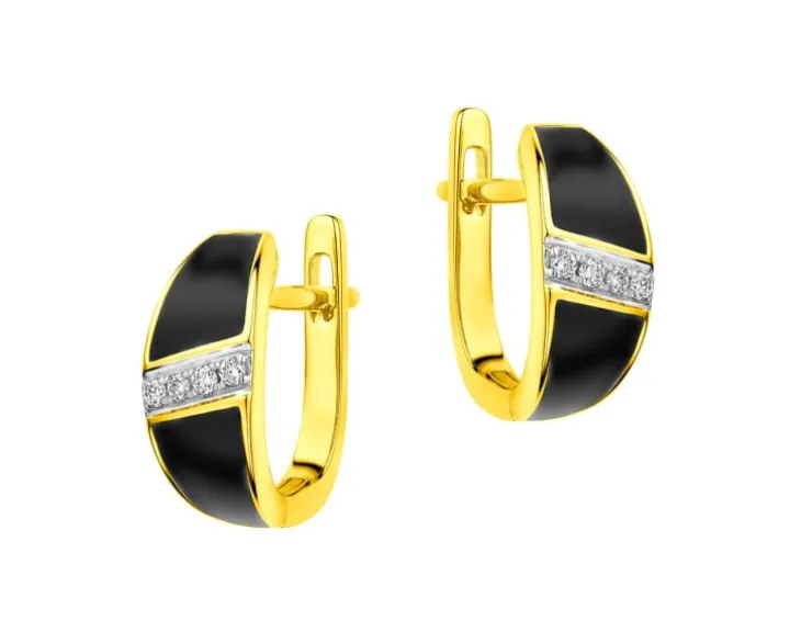 Kolczyki z żółtego złota z brylantami i emalią - 0,07 ct - próba 585