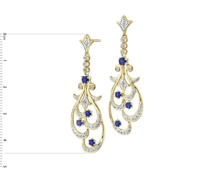 Kolczyki z żółtego złota z brylantami i szafirami - próba 585