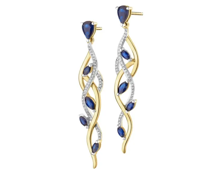 Kolczyki z żółtego złota z brylantami i szafirami - próba 585