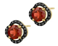 Kolczyki z żółtego złota z czarnymi diamentami i granatami - próba 585