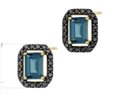 Kolczyki z żółtego złota z czarnymi brylantami i topazami London Blue - próba 585