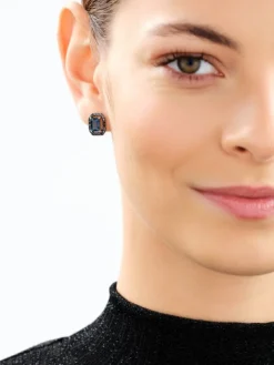 Kolczyki z żółtego złota z czarnymi brylantami i topazami London Blue - próba 585