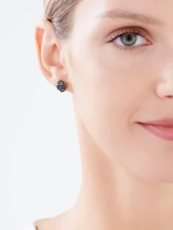 Kolczyki z żółtego złota z czarnymi brylantami i topazami London Blue - próba 585