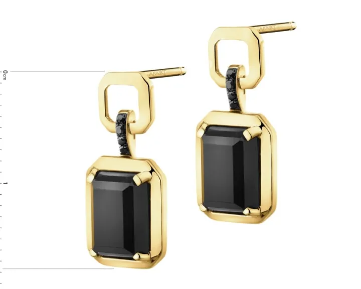 Kolczyki z żółtego złota z czarnymi diamentami i agatami - próba 585