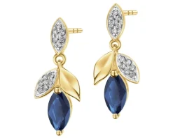 Kolczyki z żółtego złota z diamentami i szafirami - liście - próba 585