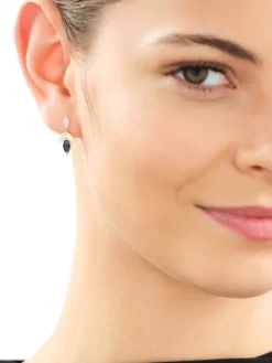 Kolczyki z żółtego złota z diamentami i szafirami - liście - próba 585